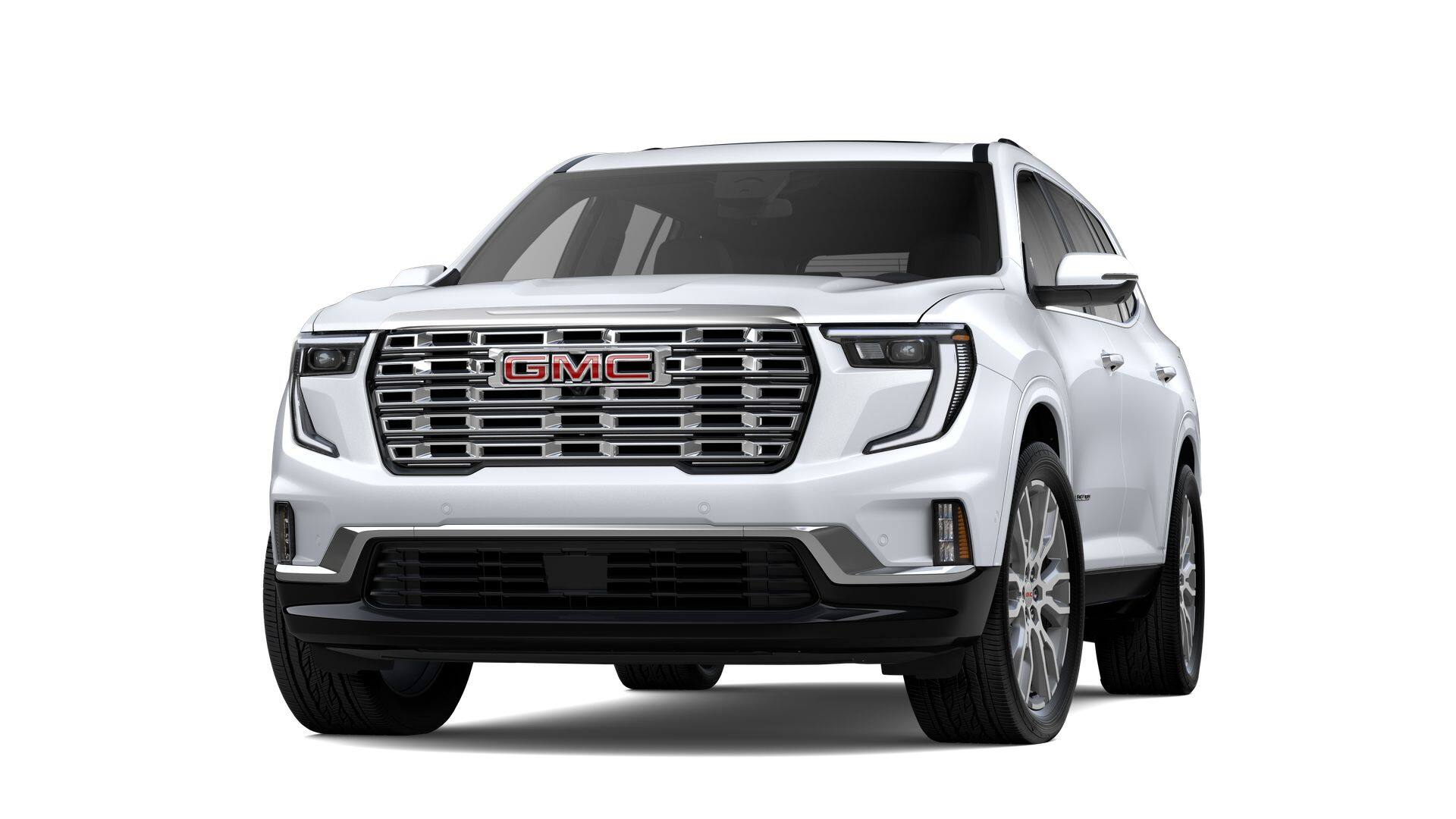 2026 GMC Acadia Denali in Glacier White Tricoat — front three-quarter view